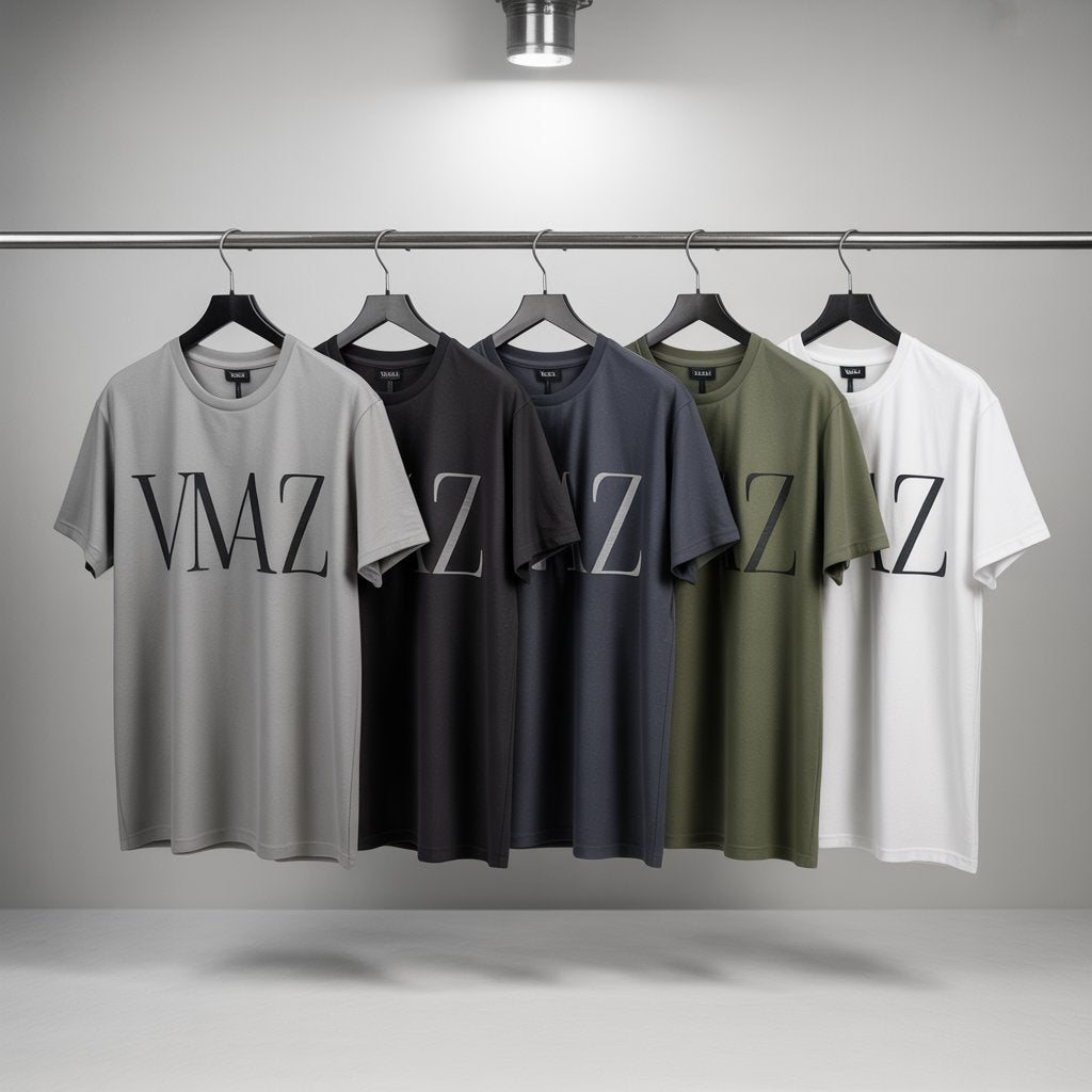 Five VMAZ branded T-shirts in gray, black, green, and white displayed on a gray background.