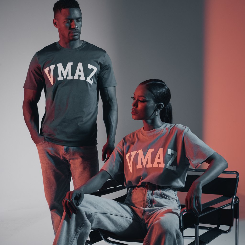 Two people wearing VMAZ T-shirts in a professional studio photoshoot setting