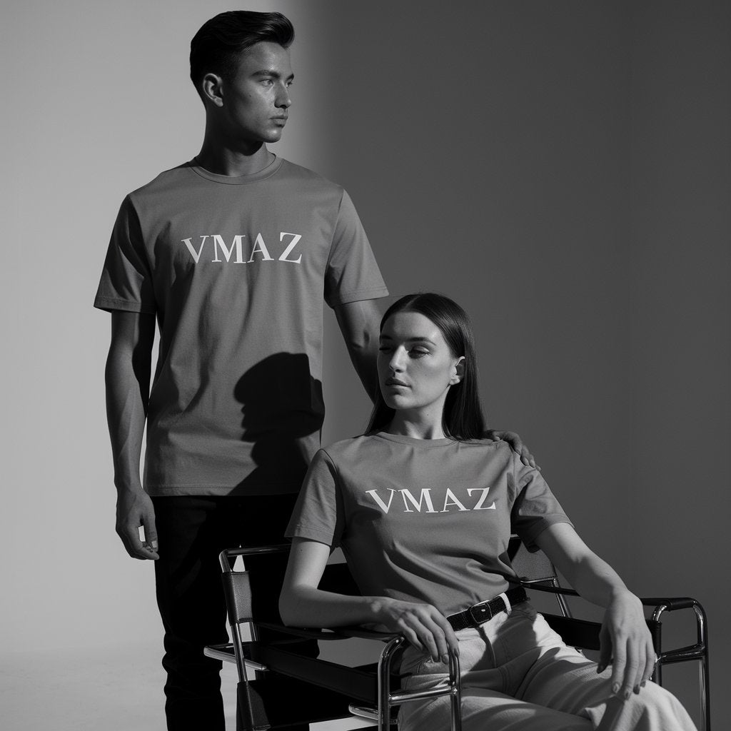 Two people wearing VMAZ text T-shirts on a plain background.