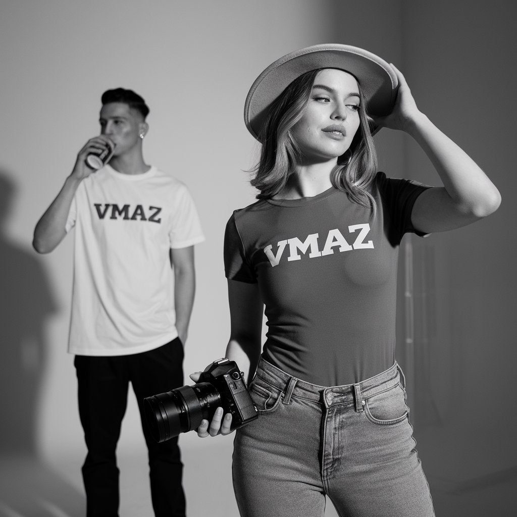 Two people wearing VMAZ T-shirts, one holding a camera, in a studio photoshoot setting.