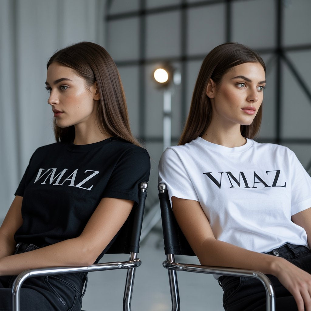 Two women sitting in chairs wearing t-shirts with 'VMAZ' logo.