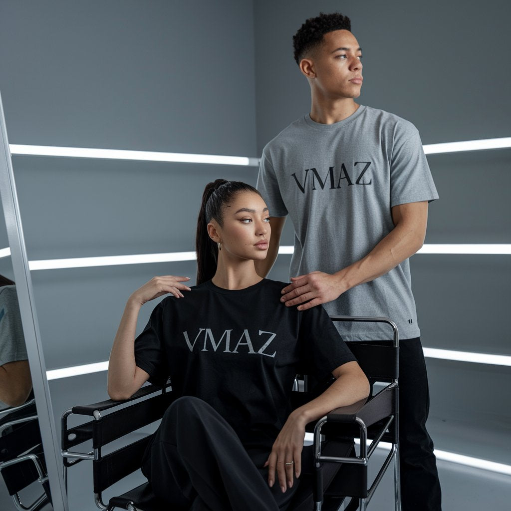 Two people wearing VMAZ t-shirts in a modern setting with geometric light design.